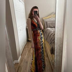 Roz & Ali Multicolored Maxi Sleeveless Dress With Beaded Detail On The Waist